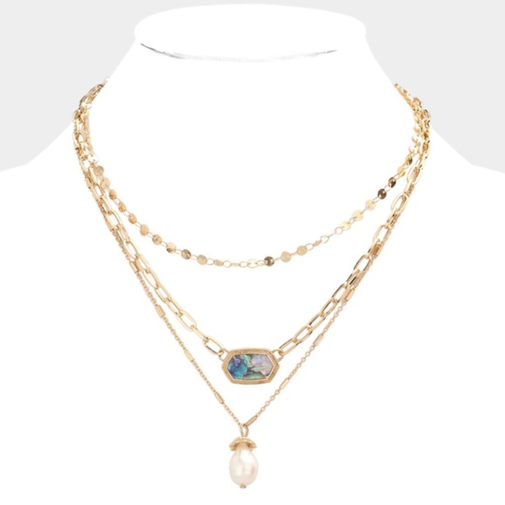 Gold abalone pendant layered necklace